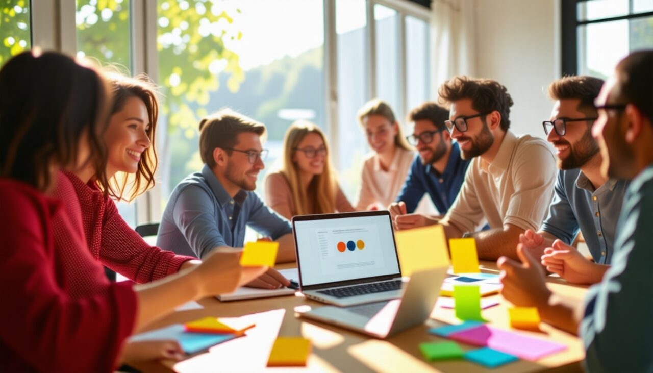 Une &eacute;quipe diverse discutant des id&eacute;es de conception de site web autour d'un ordinateur portable, avec des notes autocollantes color&eacute;es sur la table, dans une atmosph&egrave;re lumineuse et engageante.