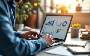 Entrepreneur dans un bureau moderne, analysant des idées de niche sur un ordinateur portable affichant des graphiques SEO, tasse de café et carnet à proximité, lumière naturelle douce et ambiance chaleureuse.
