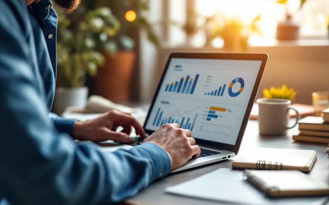Entrepreneur dans un bureau moderne, analysant des idées de niche sur un ordinateur portable affichant des graphiques SEO, tasse de café et carnet à proximité, lumière naturelle douce et ambiance chaleureuse.