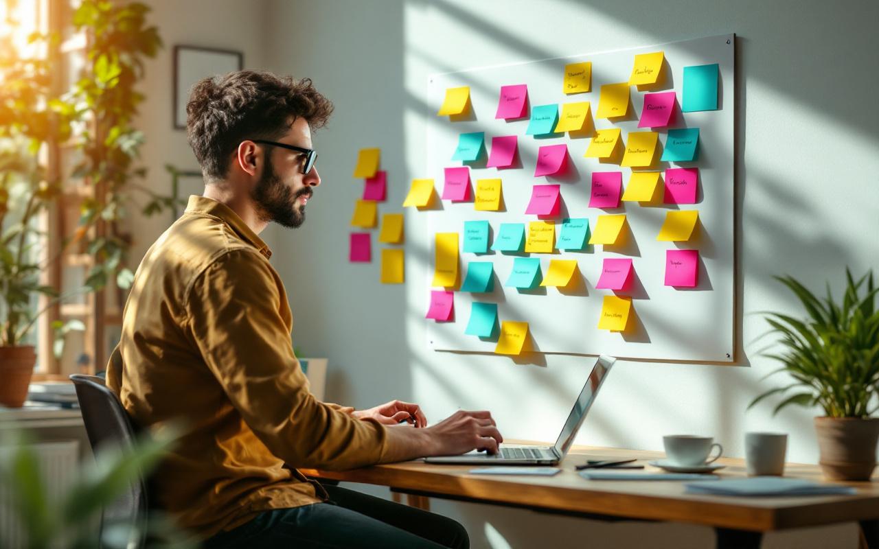 Personne debout devant un mur couvert de post-it colorés, organisant la structure d'un site de niche, bureau avec ordinateur portable et tasse de café, regard concentré, lumière naturelle chaude entrant par la fenêtre.