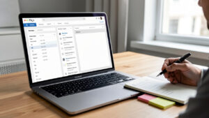 Gros plan d’un ordinateur portable sur un bureau moderne, ambiance éditoriale d’audit SEO avec une interface de type encyclopédie et panneaux d’historique, lumière naturelle et faible profondeur de champ.