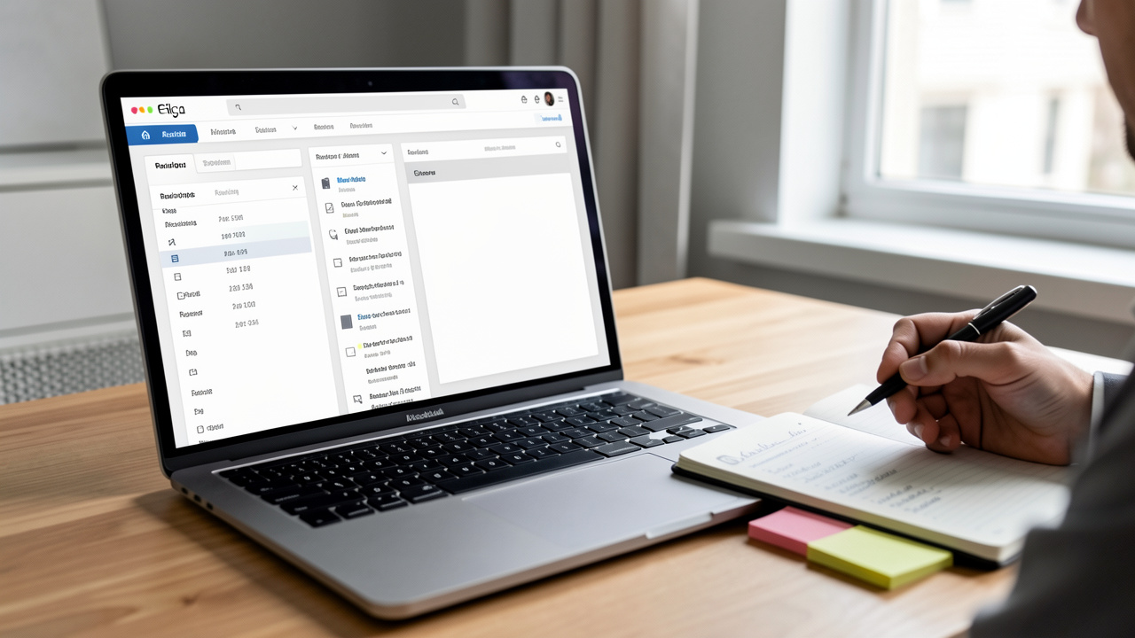 Gros plan d’un ordinateur portable sur un bureau moderne, ambiance éditoriale d’audit SEO avec une interface de type encyclopédie et panneaux d’historique, lumière naturelle et faible profondeur de champ.