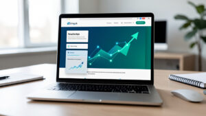 Ordinateur portable montrant la transition visuelle vers un nouveau site web, avec des connexions et une courbe ascendante symbolisant la conservation du référencement.