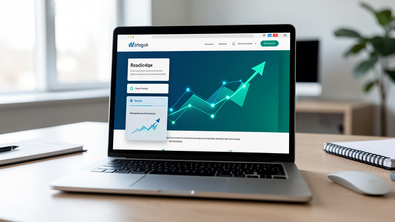 Ordinateur portable montrant la transition visuelle vers un nouveau site web, avec des connexions et une courbe ascendante symbolisant la conservation du référencement.