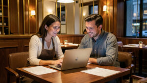 Une restauratrice et un consultant web examinent ensemble une plateforme de réservation centralisée dans un restaurant chaleureux.