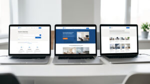 Trois ordinateurs portables présentent des maquettes de sites web modernes, dont une interface particulièrement claire, accessible et fonctionnelle.