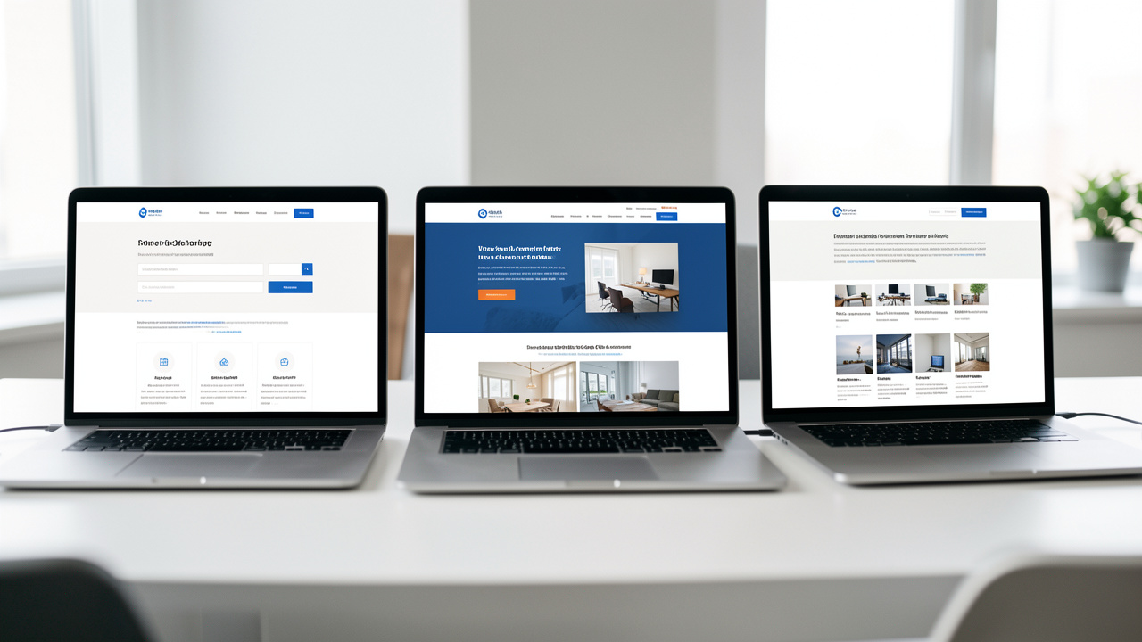 Trois ordinateurs portables présentent des maquettes de sites web modernes, dont une interface particulièrement claire, accessible et fonctionnelle.