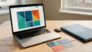 Ordinateur portable affichant une interface web abstraite, accompagné d’une clé de sécurité et d’un dossier de projet fermé sur un bureau moderne.