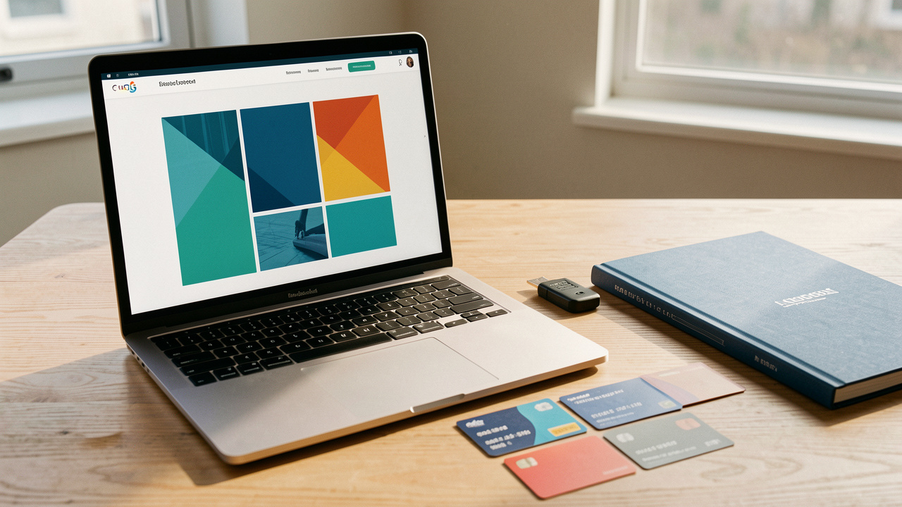 Ordinateur portable affichant une interface web abstraite, accompagné d’une clé de sécurité et d’un dossier de projet fermé sur un bureau moderne.