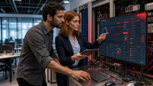 Un homme et une femme d’une agence web surveillent un tableau de bord abstrait de cybersécurité avec des indicateurs rouges, devant des serveurs et un poste de maintenance.