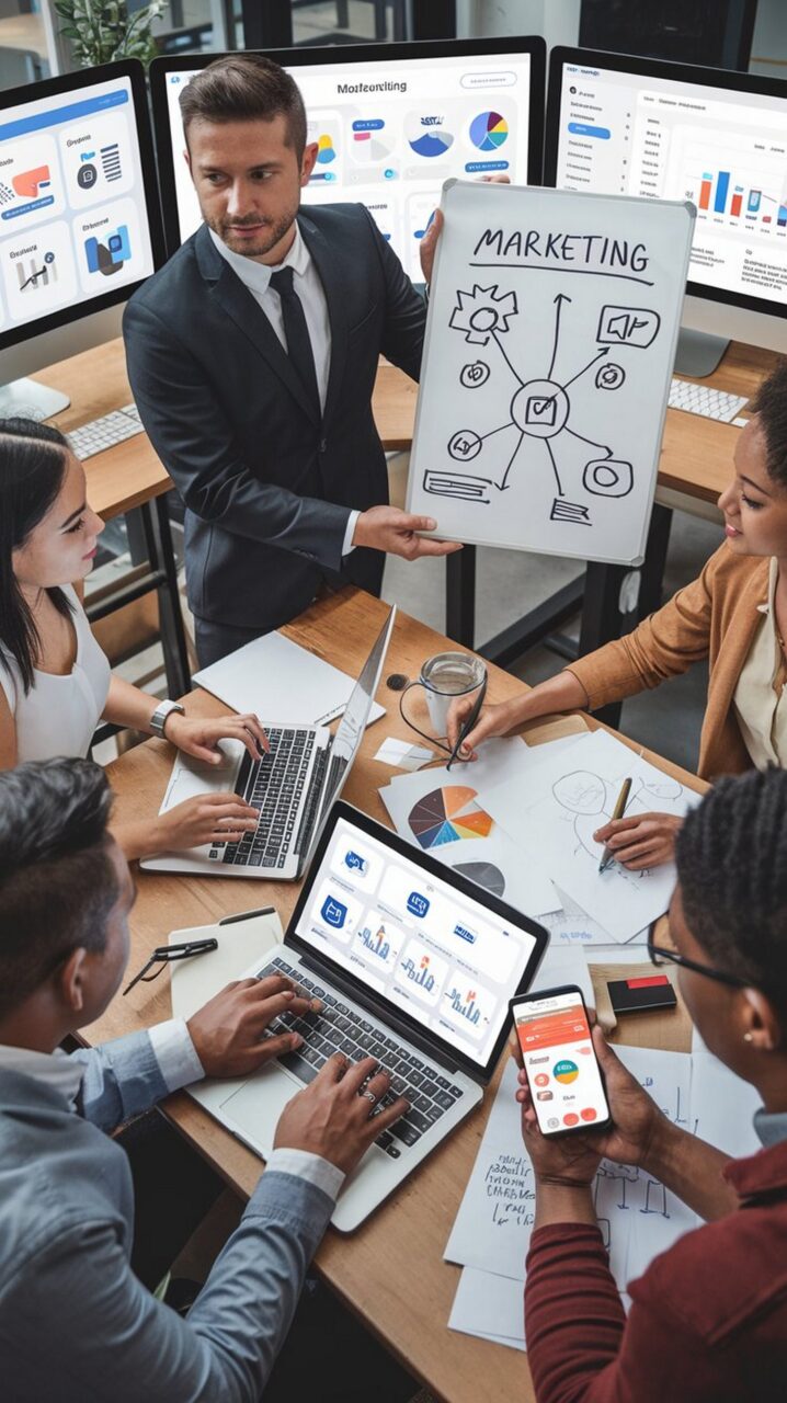 Équipe marketing réunie devant un écran présentant un parcours de conversion digital et des leads générés.