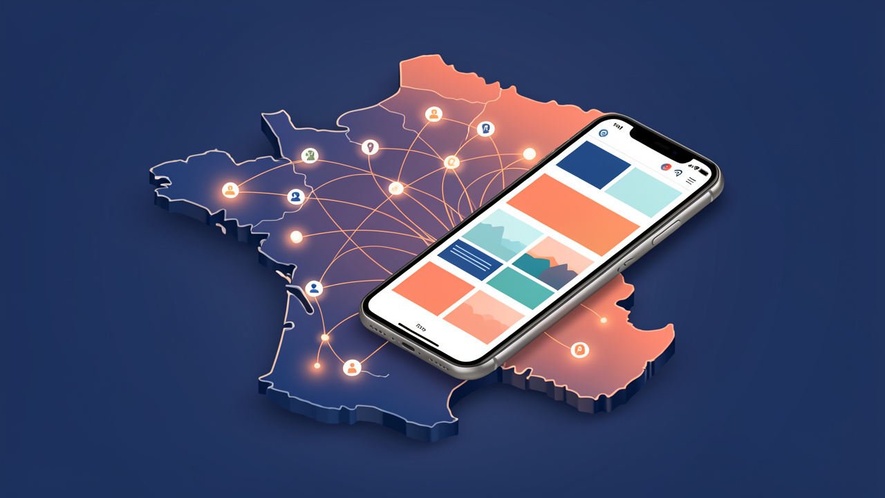 Illustration éditoriale représentant une carte stylisée de la France, des communes connectées par un réseau lumineux et un smartphone affichant une interface abstraite d’actualités locales sans texte lisible.