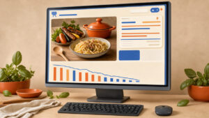 Illustration éditoriale montrant un ordinateur avec une interface de recettes, une réponse générée par intelligence artificielle et un graphique de trafic en baisse.