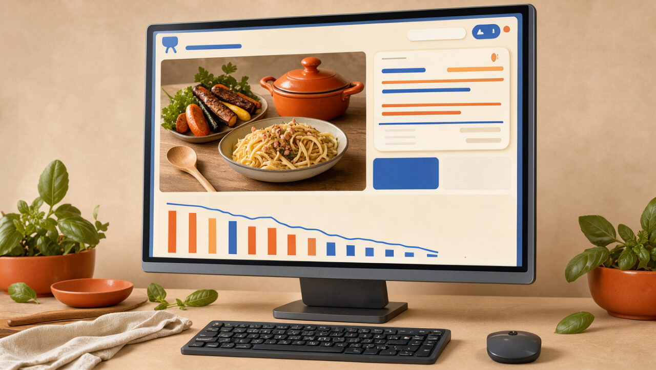 Illustration éditoriale montrant un ordinateur avec une interface de recettes, une réponse générée par intelligence artificielle et un graphique de trafic en baisse.